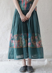 Retro Green elastic waist drawstring print Patchwork Linen Skirt Spring