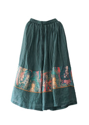 Retro Green elastic waist drawstring print Patchwork Linen Skirt Spring