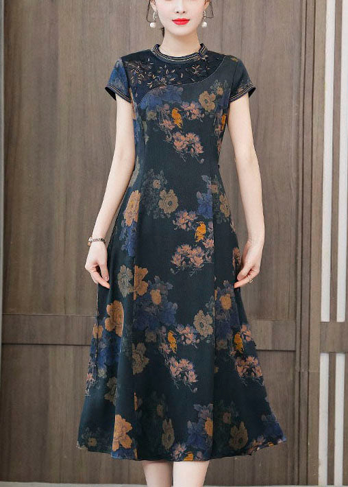 Retro Purple Stand Collar Side Open Patchwork Silk Cheongsam Dresses Summer