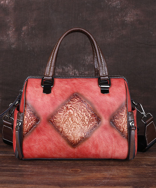 Retro Red Embossing Paitings Calf Leather Tote Handbag