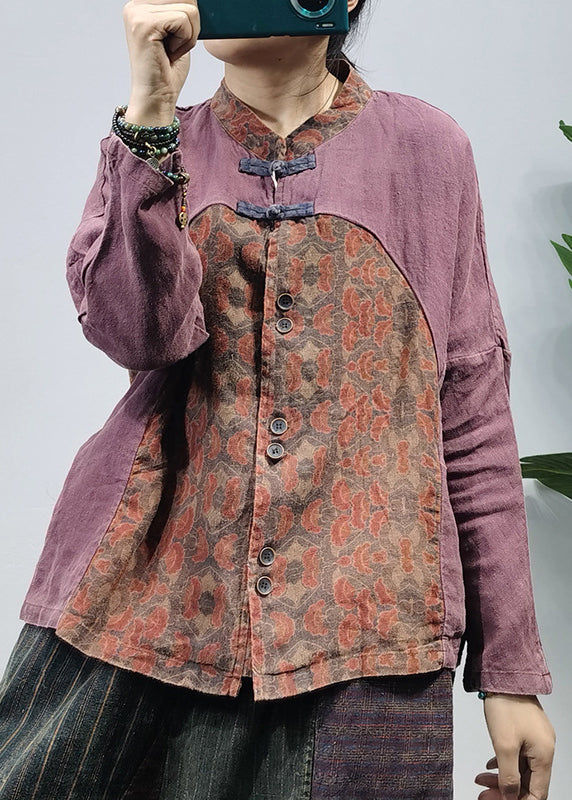 Retro Red Mandarin Collar Button Patchwork Linen Blouses Long Sleeve