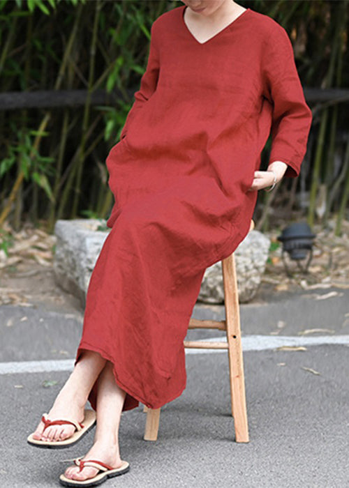 Retro Red V Neck Pockets Linen Long Dress Three Quarter Sleeve