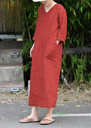 Retro Red V Neck Pockets Linen Long Dress Three Quarter Sleeve