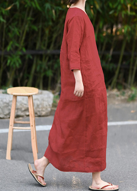 Retro Red V Neck Pockets Linen Long Dress Three Quarter Sleeve