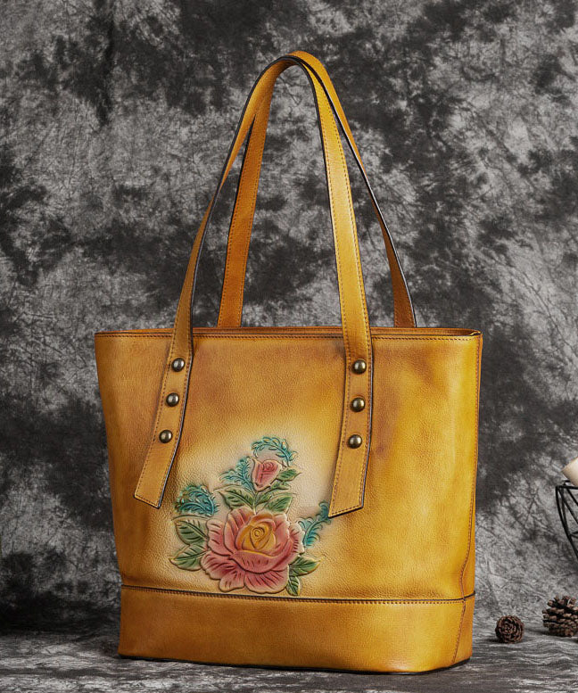 Retro Yellow Floral Paitings Calf Leather Satchel Handbag