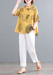 Retro Yellow O-Neck Print Top And Crop Pants Two Pieces Set Summer