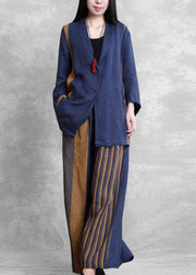 Retro fashion blue two-piece suit female casual small suit + wide-leg pants autumn style - SooLinen