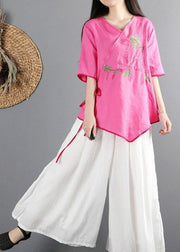 Rose Cotton Shirt Top V Neck Embroideried Half Sleeve