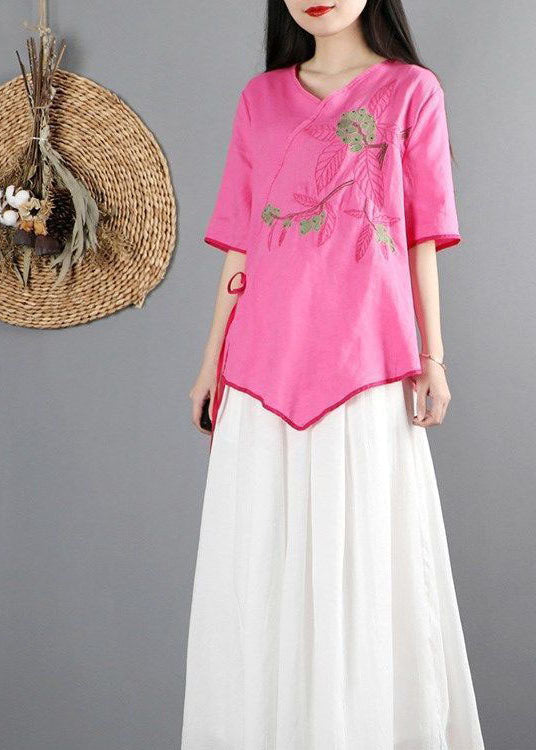 Rose Cotton Shirt Top V Neck Embroideried Half Sleeve