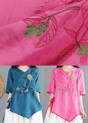 Rose Cotton Shirt Top V Neck Embroideried Half Sleeve