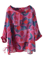 Rose Print Side Open Drawstring Print Summer Ramie Blouses - SooLinen