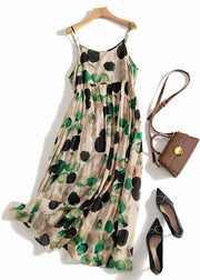 Sexy Green Tie Dye Dot Print Exra Large Hem Linen Spaghetti Strap Dress Summer