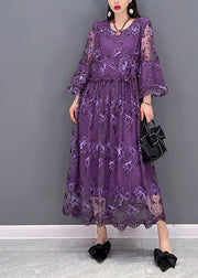 Sexy Purple O-Neck Ruffled Print Lace Long Dress lantern sleeve