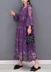 Sexy Purple O-Neck Ruffled Print Lace Long Dress lantern sleeve