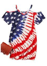 Sexy Red Blue V Neck Independence Day Print Off The Shoulder Spaghetti Strap Mid Dress Short Sleeve