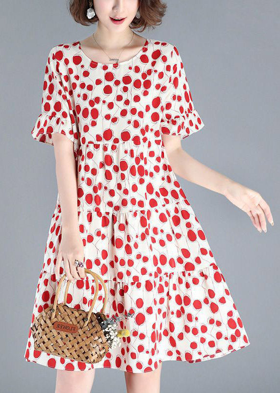 Sexy Red O-Neck Dot Print Wrinkled Mid Dresses Short Sleeve