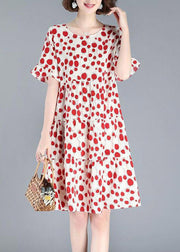 Sexy Red O-Neck Dot Print Wrinkled Mid Dresses Short Sleeve