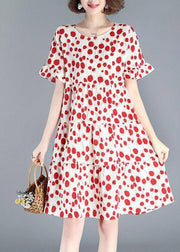 Sexy Red O-Neck Dot Print Wrinkled Mid Dresses Short Sleeve