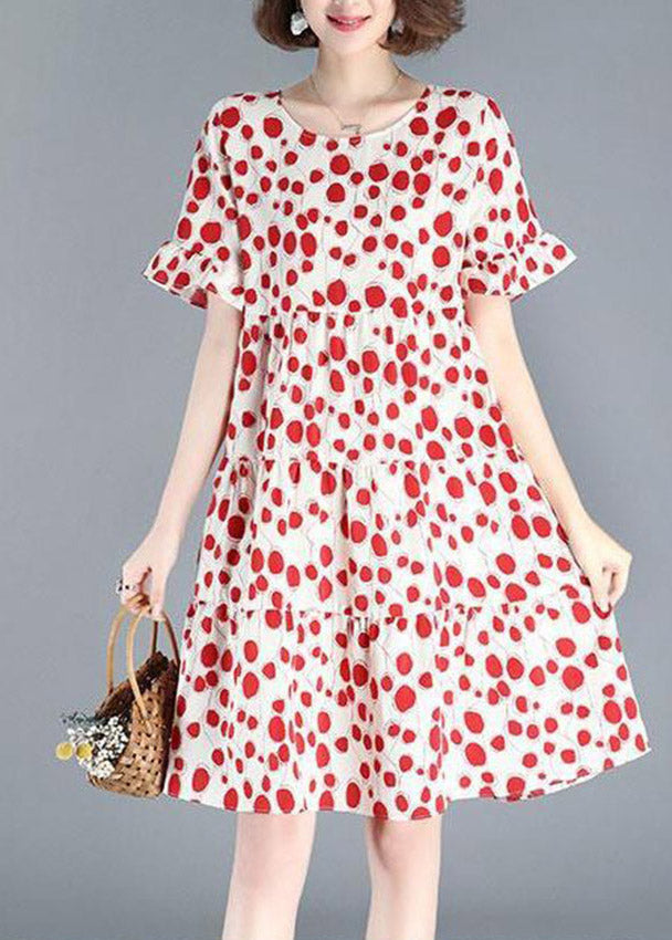 Sexy Red O-Neck Dot Print Wrinkled Mid Dresses Short Sleeve