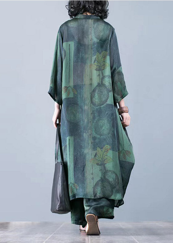 2024 thin green print chiffon wide-leg pants two-piece suit