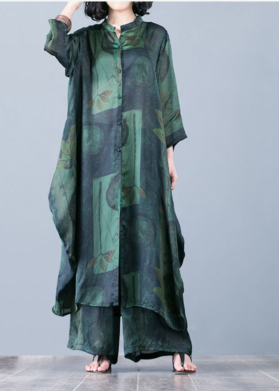 2024 thin green print chiffon wide-leg pants two-piece suit