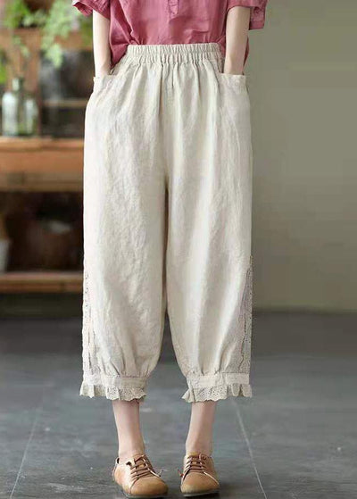 Simple Beige Elastic Waist PatchworkHarem Pants Linen - SooLinen