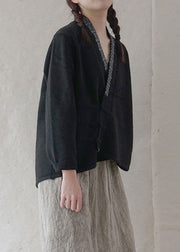 Simple Black Button Embroideried asymmetrical design Fall Knit Sweater