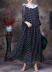 Simple Black Hooded Patchwork Lace Dot Print Silk Long Dress Two Piece Set Women Clothing Summer