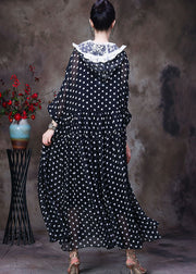 Simple Black Hooded Patchwork Lace Dot Print Silk Long Dress Two Piece Set Women Clothing Summer