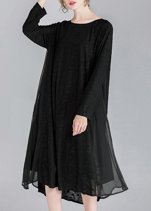 Simple Black Patchwork Chiffon Long Sleeve Spring Summer Dress - SooLinen