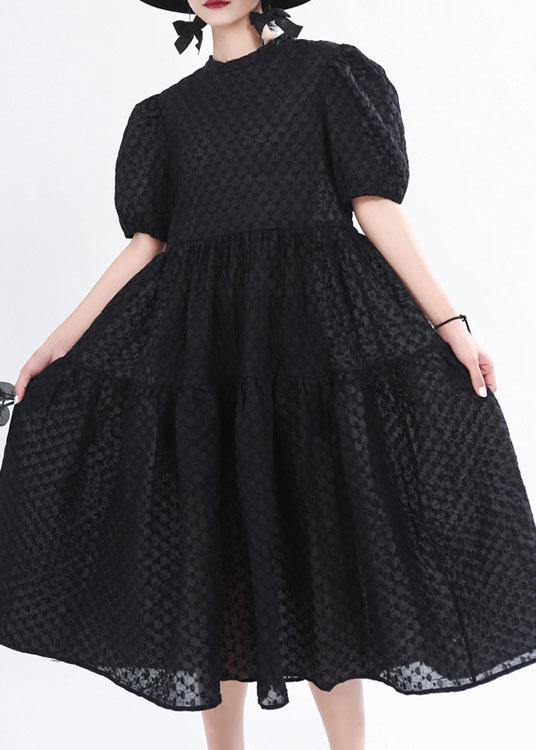 Simple Black Patchwork Puff Sleeve Summer Cotton Long Dresses - SooLinen