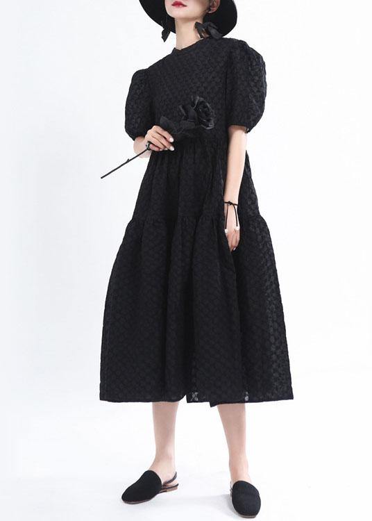 Simple Black Patchwork Puff Sleeve Summer Cotton Long Dresses - SooLinen