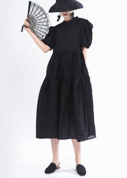 Simple Black Patchwork Puff Sleeve Summer Cotton Long Dresses - SooLinen