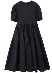 Simple Black Patchwork Puff Sleeve Summer Cotton Long Dresses - SooLinen