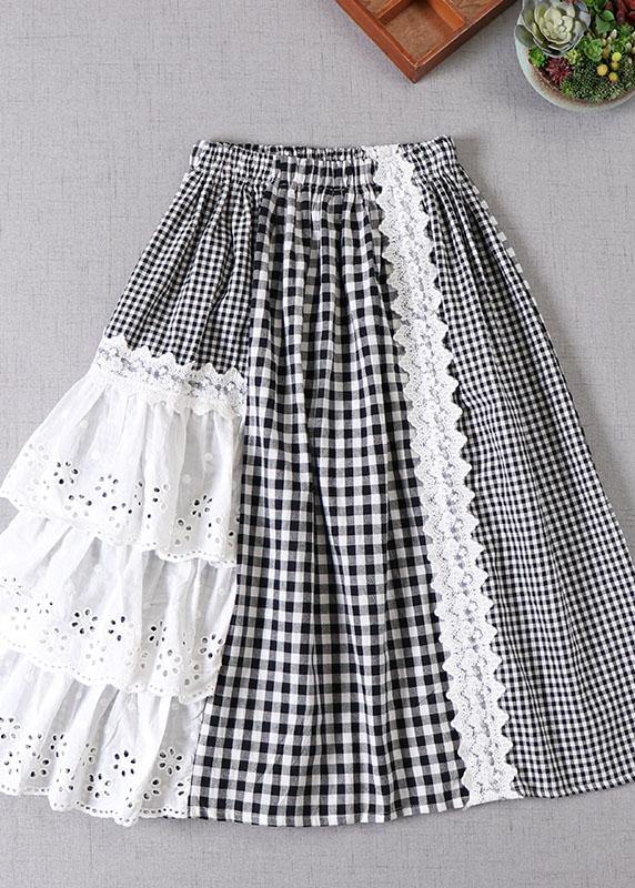 Simple Black Patchwork White Plaid Fall A Line Skirt - SooLinen