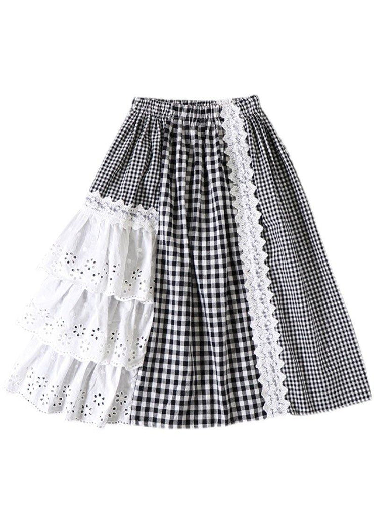 Simple Black Patchwork White Plaid Fall A Line Skirt - SooLinen