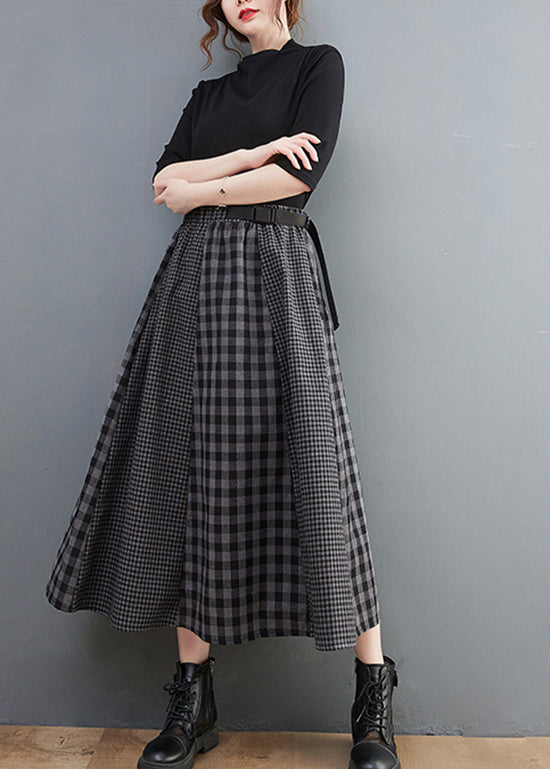 Simple Black Plaid elastic waist Patchwork A Line Skirt Spring