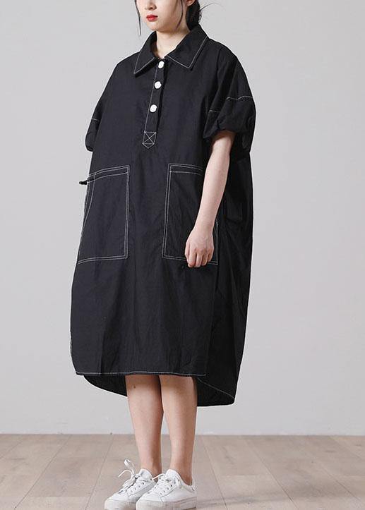 Simple Black Pockets Cotton long shirts Summer Dress - SooLinen