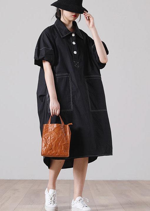 Simple Black Pockets Cotton long shirts Summer Dress - SooLinen