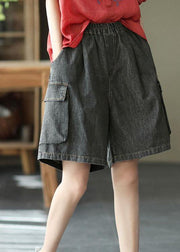 Simple Black Pockets Wide Leg Summer Denim Hot Pants - SooLinen