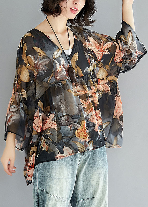 Simple Black V Neck Print Patchwork asymmetrical design Fall Shirt Half Sleeve