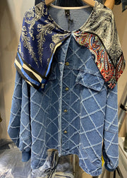 Simple Blue Button Patchwork Print Fall Coats Long sleeve