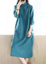 Simple Blue Green Tunics Stand Collar Half Sleeve Maxi Dress - SooLinen