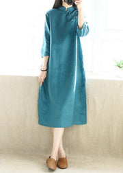 Simple Blue Green Tunics Stand Collar Half Sleeve Maxi Dress - SooLinen