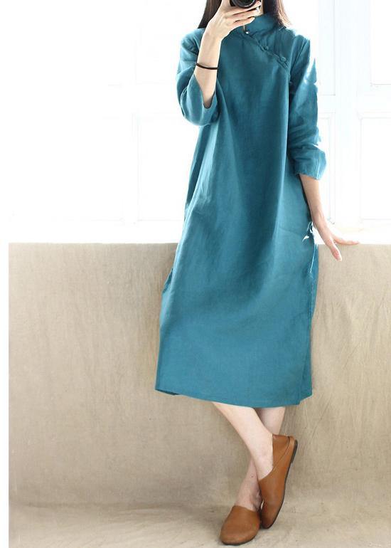 Simple Blue Green Tunics Stand Collar Half Sleeve Maxi Dress - SooLinen