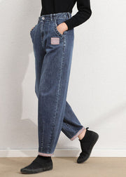 Simple Blue Grey High Waist Patch Zip Up Pockets Cotton Denim Pants Summer