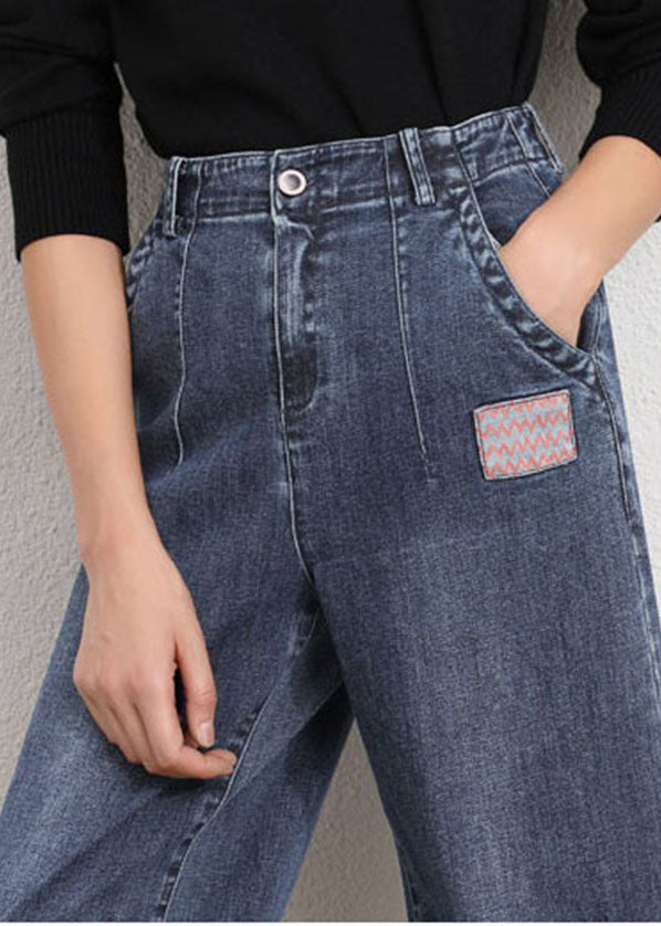 Einfacher Blau-Grau-Patch mit hoher Taille, Reißverschlusstaschen, Baumwoll-Denim-Hosen, Sommer