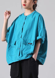 Simple Blue O-Neck Cotton Shirt Tops Summer - SooLinen