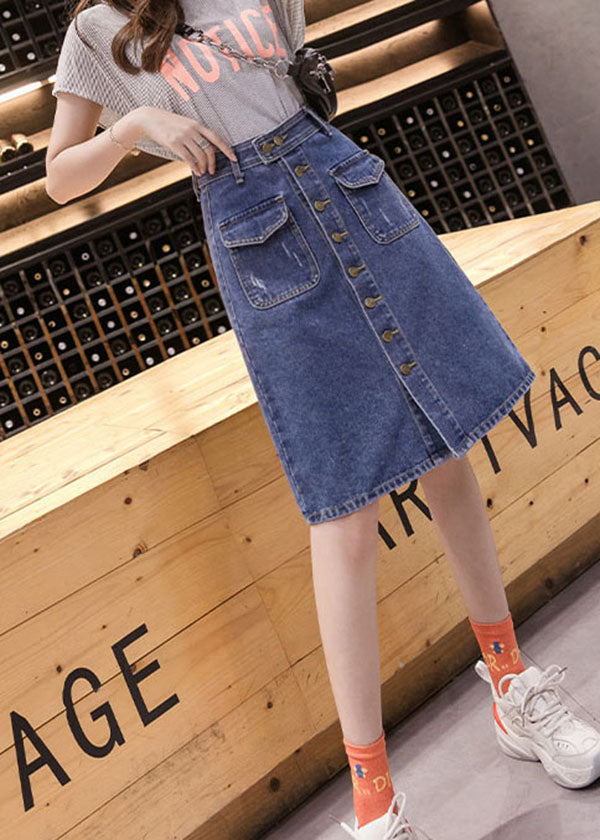 Simple Blue Pocket Button Cotton Denim Wraped Skirt Summer