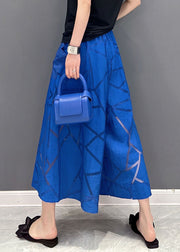 Simple Blue Pockets Patchwork Cotton Wide Leg Pants Summer